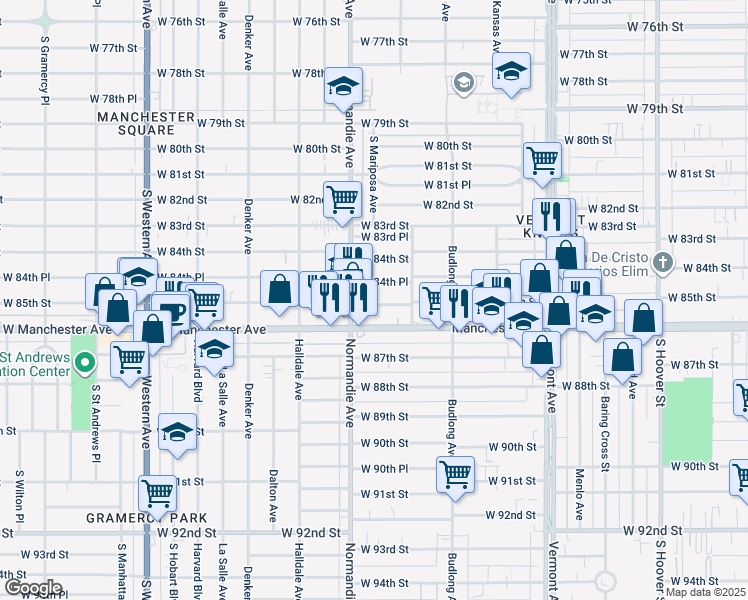 map of restaurants, bars, coffee shops, grocery stores, and more near 1331 West 85th Street in Los Angeles