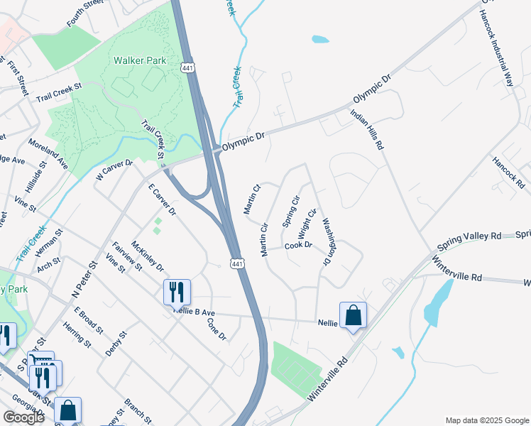 map of restaurants, bars, coffee shops, grocery stores, and more near 375 Martin Circle in Athens