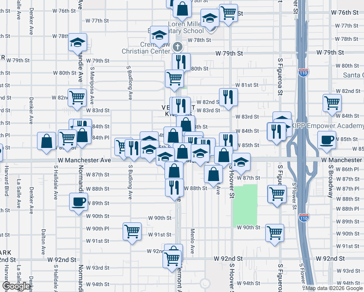 map of restaurants, bars, coffee shops, grocery stores, and more near 8505 S Evermont Place in Los Angeles