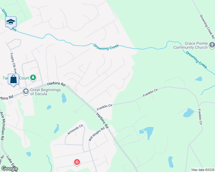 map of restaurants, bars, coffee shops, grocery stores, and more near 2800 Barimore Place in Dacula