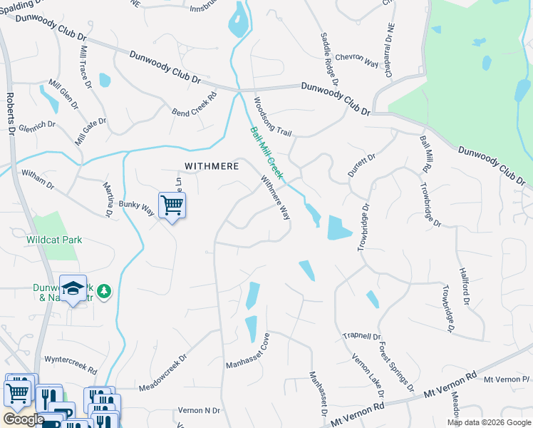 map of restaurants, bars, coffee shops, grocery stores, and more near 1584 Summerset Drive in Dunwoody