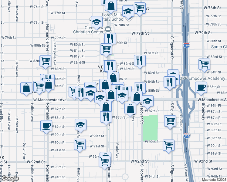 map of restaurants, bars, coffee shops, grocery stores, and more near 8505 S Evermont Place in Los Angeles