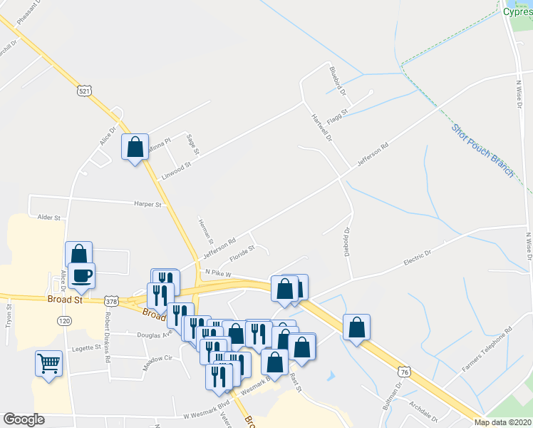 map of restaurants, bars, coffee shops, grocery stores, and more near 1565 Jefferson Road in Sumter