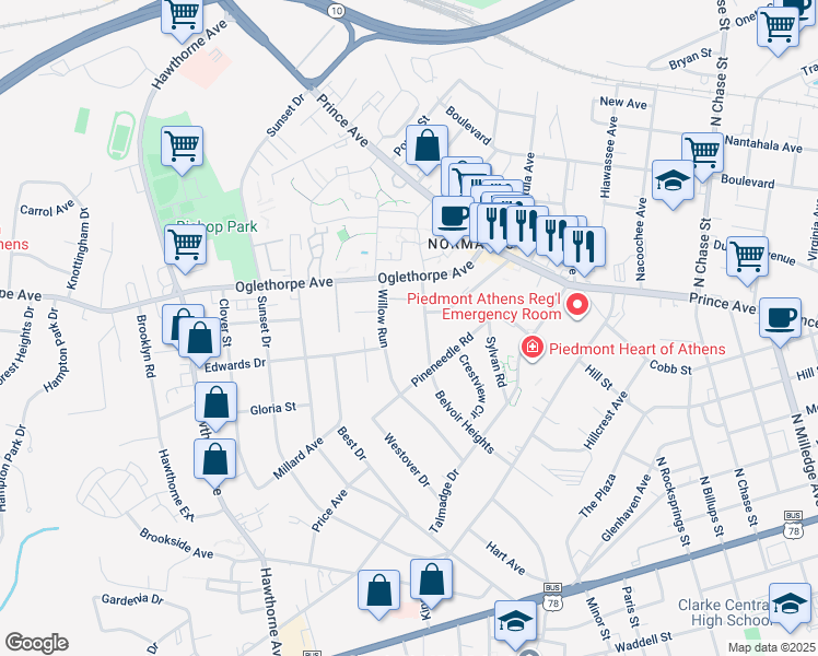 map of restaurants, bars, coffee shops, grocery stores, and more near 222 Normal Avenue in Athens