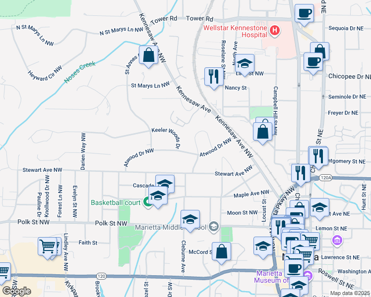 map of restaurants, bars, coffee shops, grocery stores, and more near 262 Atwood Drive Northwest in Marietta