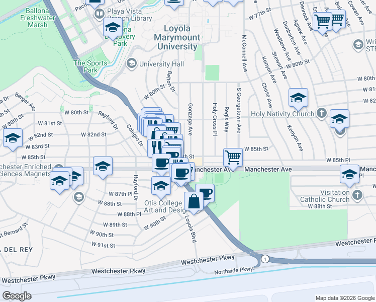 map of restaurants, bars, coffee shops, grocery stores, and more near 8421 Gonzaga Avenue in Los Angeles