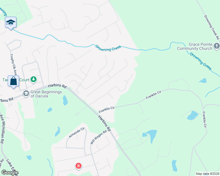 map of restaurants, bars, coffee shops, grocery stores, and more near 2800 Barimore Place in Dacula