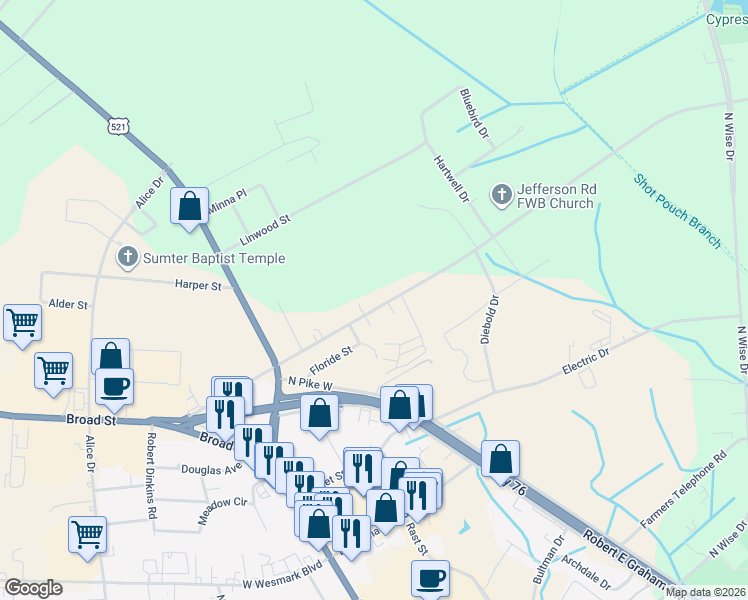 map of restaurants, bars, coffee shops, grocery stores, and more near 1565 Jefferson Road in Sumter