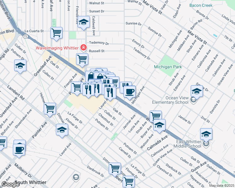 map of restaurants, bars, coffee shops, grocery stores, and more near 13617 Whittier Boulevard in Whittier