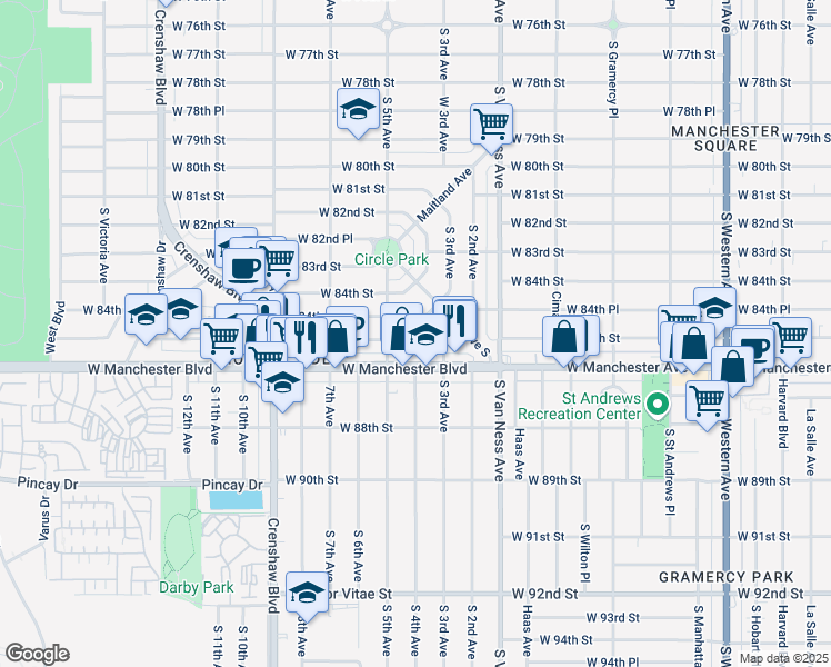 map of restaurants, bars, coffee shops, grocery stores, and more near 2610 West 84th Place in Inglewood