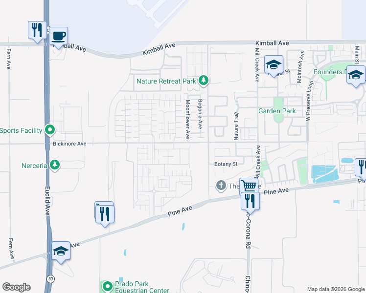 map of restaurants, bars, coffee shops, grocery stores, and more near 16087 Osprey Avenue in Chino
