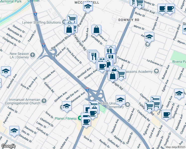 map of restaurants, bars, coffee shops, grocery stores, and more near 8846 Stoakes Avenue in Downey