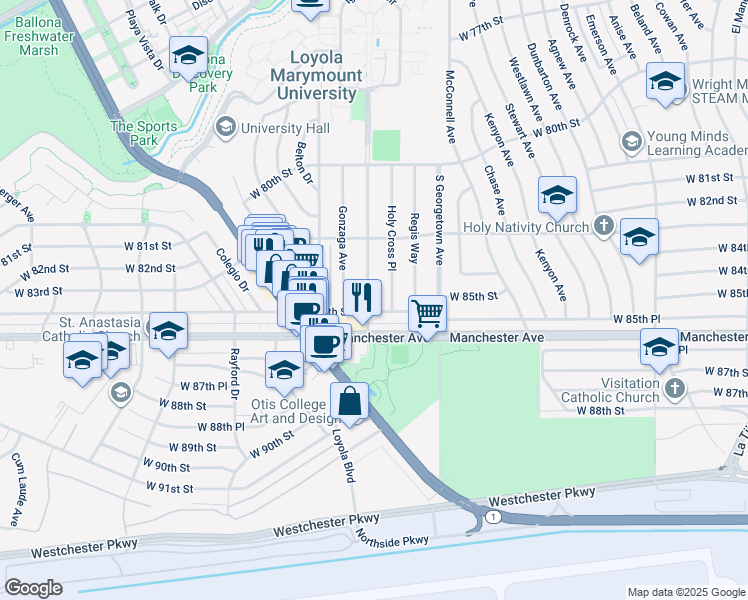 map of restaurants, bars, coffee shops, grocery stores, and more near 8424 Loyola Boulevard in Los Angeles