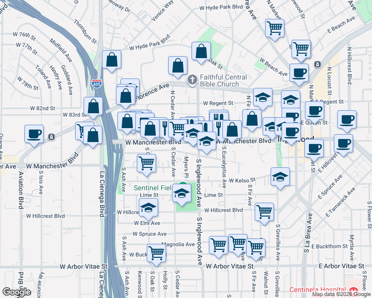 map of restaurants, bars, coffee shops, grocery stores, and more near 440 West Manchester Boulevard in Inglewood