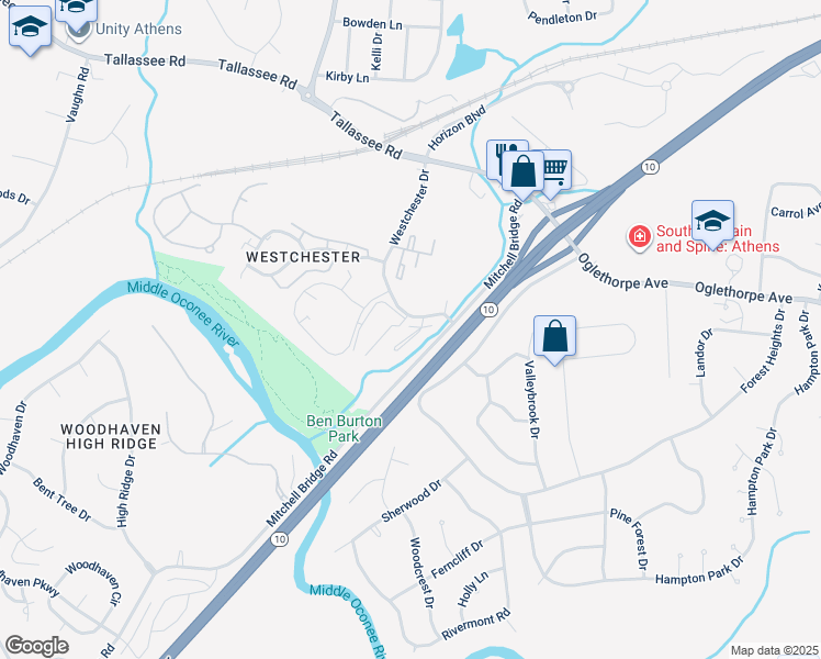map of restaurants, bars, coffee shops, grocery stores, and more near 105 Westchester Drive in Athens