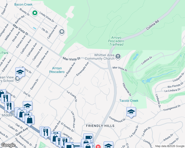 map of restaurants, bars, coffee shops, grocery stores, and more near 8255 La Sierra Avenue in Whittier