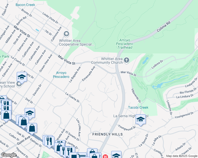 map of restaurants, bars, coffee shops, grocery stores, and more near 8255 La Sierra Avenue in Whittier