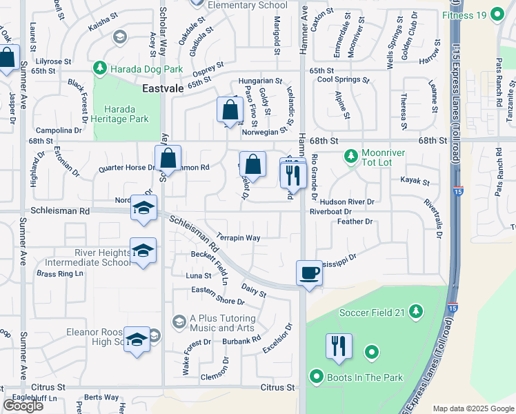map of restaurants, bars, coffee shops, grocery stores, and more near 12860 Thornbury Lane in Corona