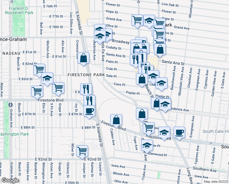 map of restaurants, bars, coffee shops, grocery stores, and more near 8436 Santa Fe Avenue in Huntington Park