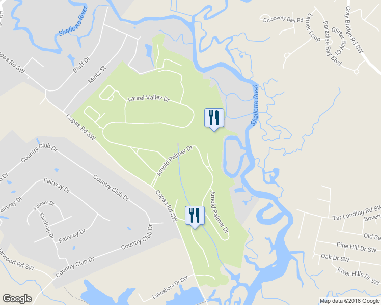 map of restaurants, bars, coffee shops, grocery stores, and more near 1988 Arnold Palmer Drive in Shallotte