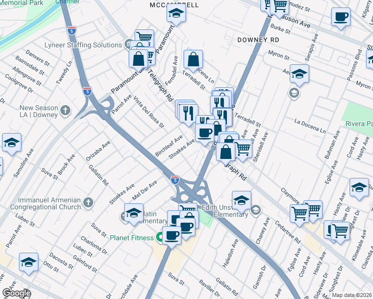 map of restaurants, bars, coffee shops, grocery stores, and more near 8846 Stoakes Avenue in Downey