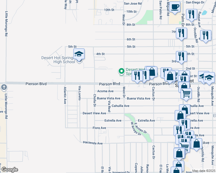 map of restaurants, bars, coffee shops, grocery stores, and more near 6566 Vía Real in Desert Hot Springs