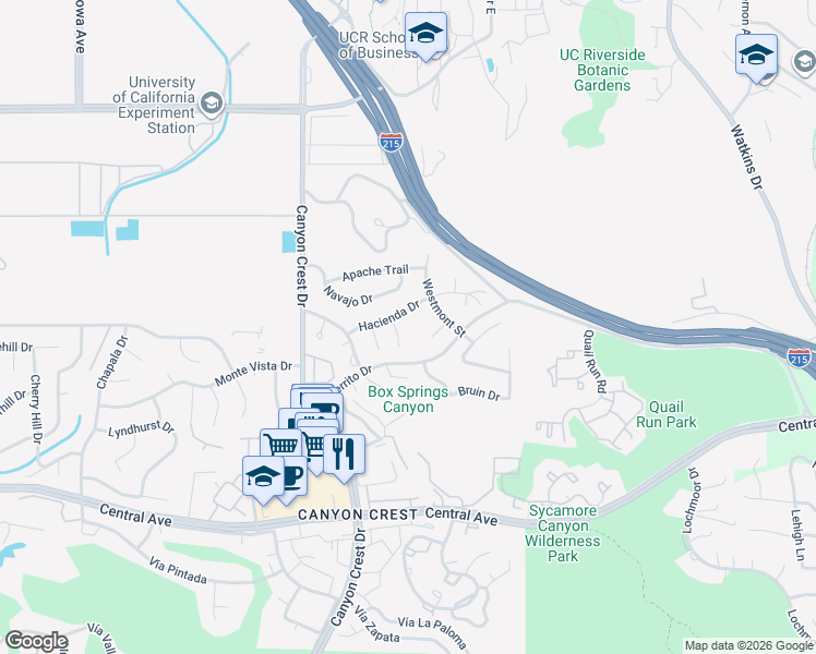 map of restaurants, bars, coffee shops, grocery stores, and more near 716 Hacienda Drive in Riverside