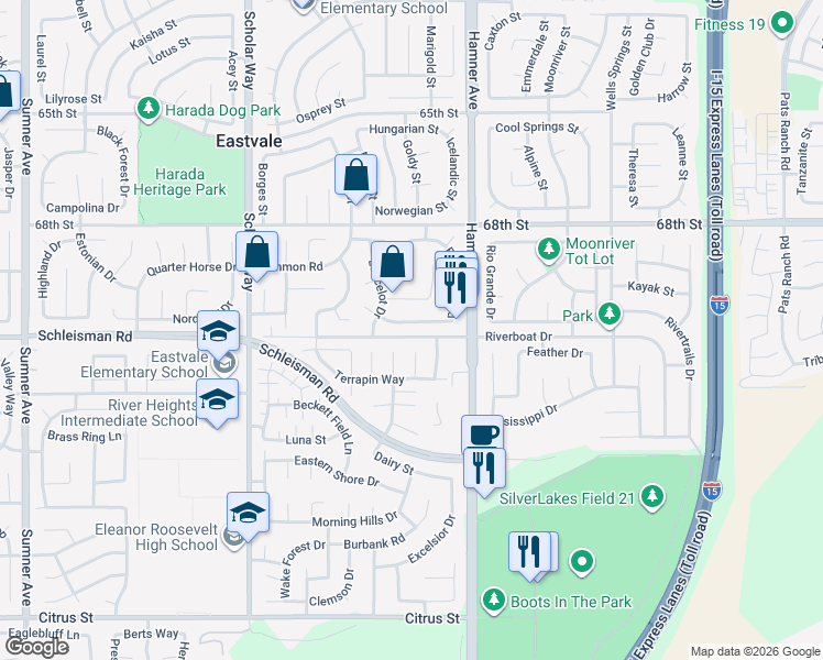 map of restaurants, bars, coffee shops, grocery stores, and more near 12860 Thornbury Lane in Corona