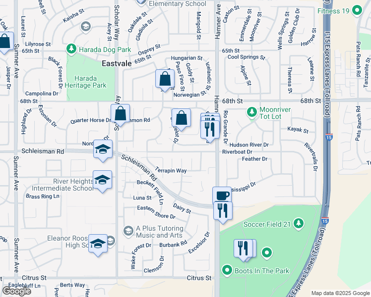 map of restaurants, bars, coffee shops, grocery stores, and more near 12860 Thornbury Lane in Corona