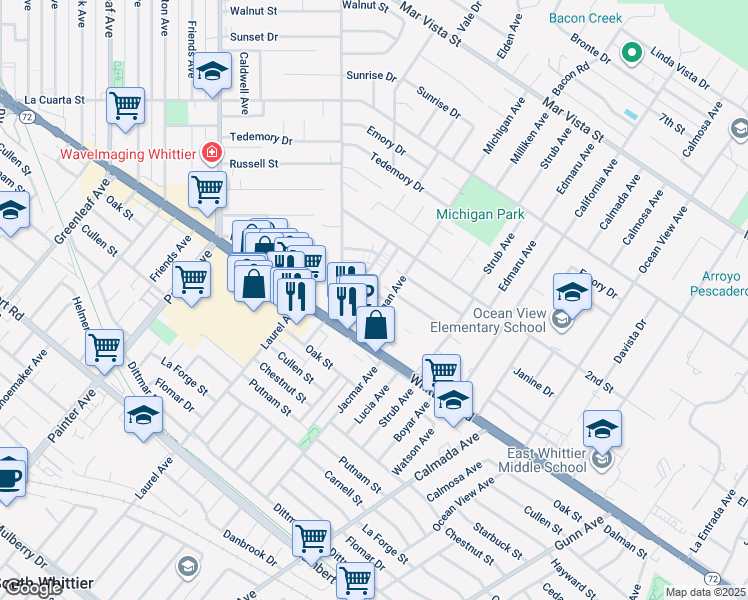 map of restaurants, bars, coffee shops, grocery stores, and more near 13902 High Street in Whittier