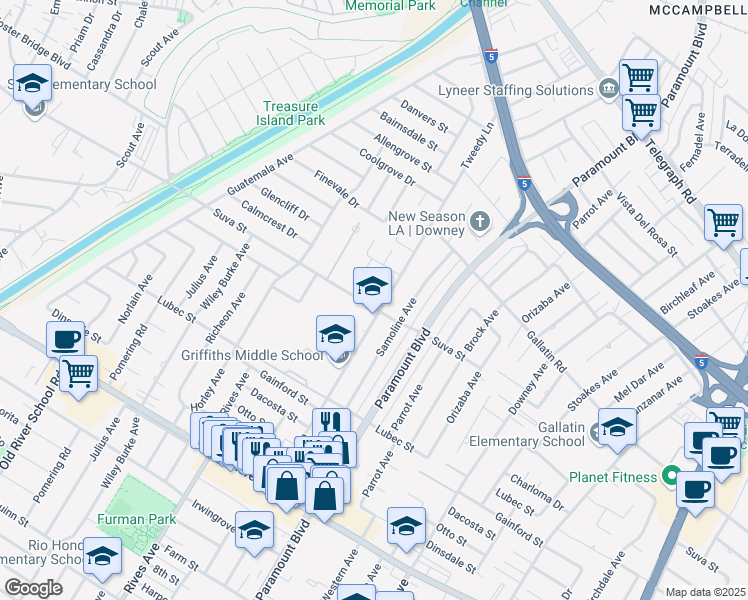 map of restaurants, bars, coffee shops, grocery stores, and more near 7848 Calmcrest Drive in Downey