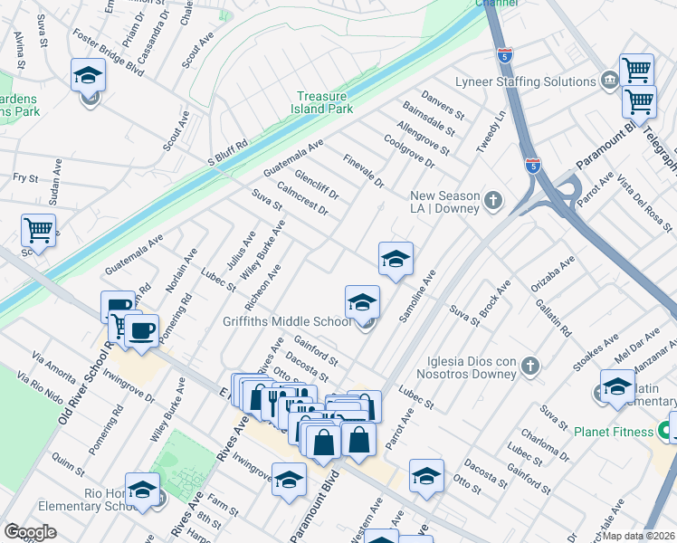 map of restaurants, bars, coffee shops, grocery stores, and more near 9502 Rives Avenue in Downey