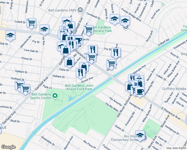 map of restaurants, bars, coffee shops, grocery stores, and more near 6623 Clara Street in Bell Gardens