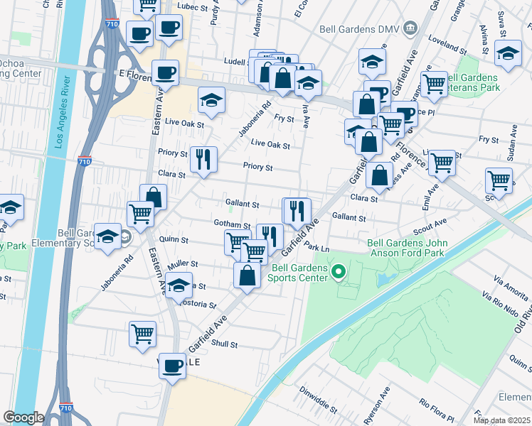 map of restaurants, bars, coffee shops, grocery stores, and more near 6109 Gallant Street in Bell Gardens