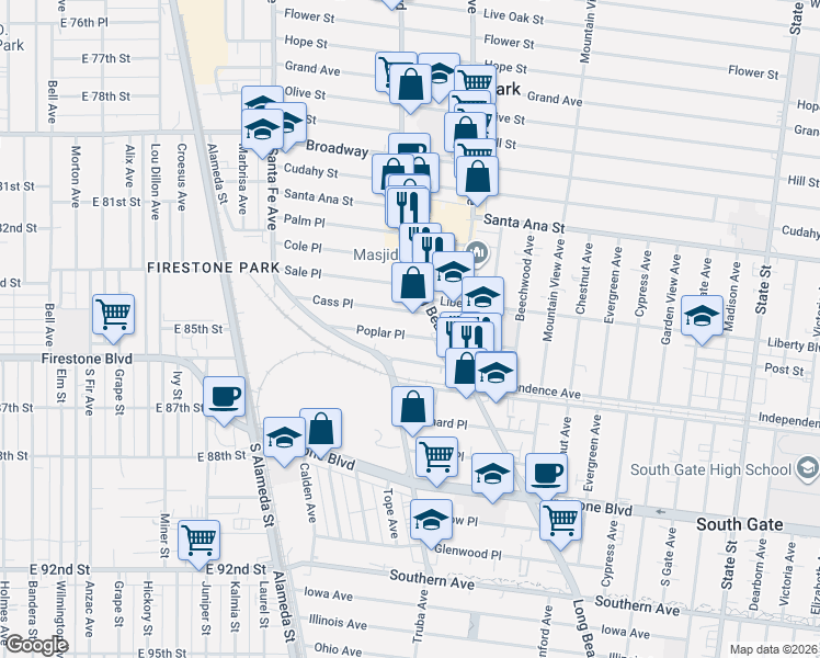 map of restaurants, bars, coffee shops, grocery stores, and more near 2546 Cass Place in Huntington Park