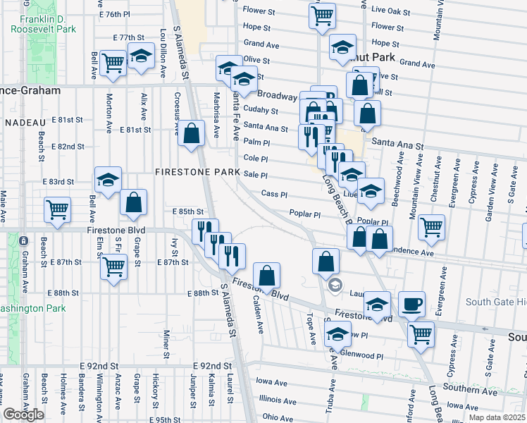 map of restaurants, bars, coffee shops, grocery stores, and more near 8436 Santa Fe Avenue in Huntington Park