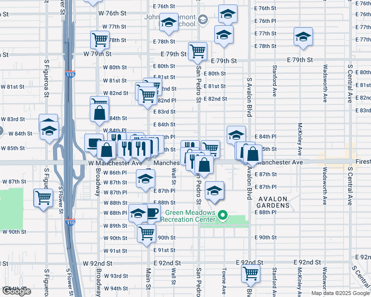 map of restaurants, bars, coffee shops, grocery stores, and more near 242 East 84th Place in Los Angeles