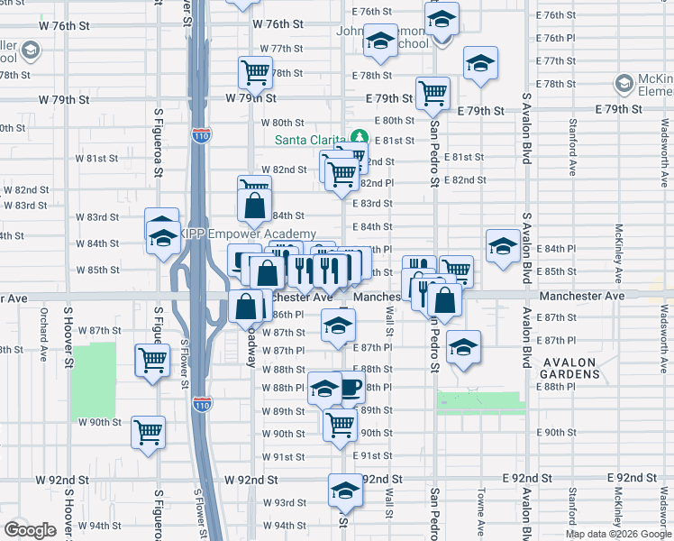 map of restaurants, bars, coffee shops, grocery stores, and more near 8464 South Main Street in Los Angeles