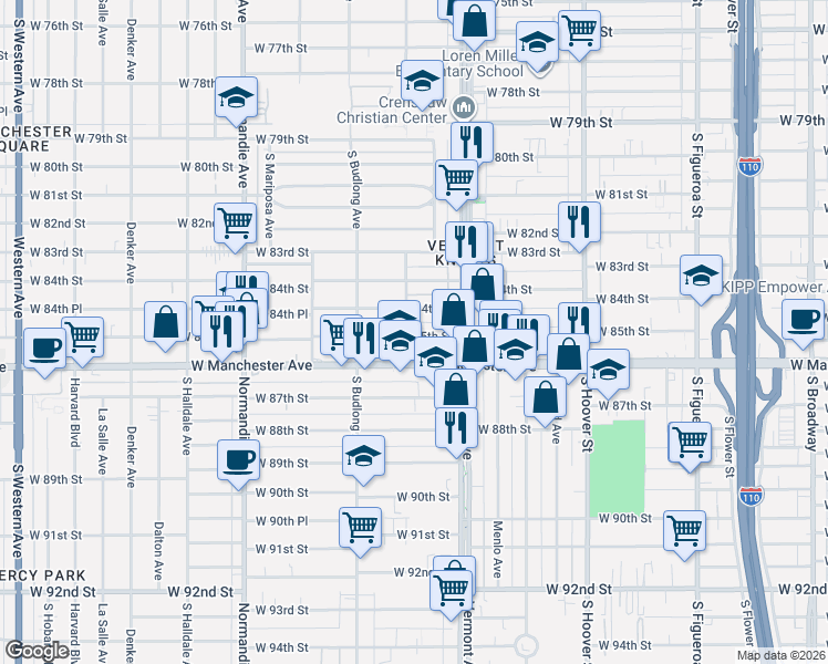map of restaurants, bars, coffee shops, grocery stores, and more near 1032 West 84th Place in Los Angeles