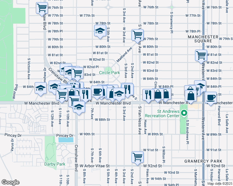 map of restaurants, bars, coffee shops, grocery stores, and more near 2610 West 84th Place in Inglewood