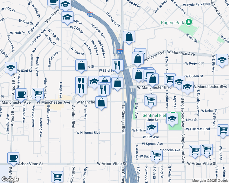 map of restaurants, bars, coffee shops, grocery stores, and more near 818 West Manchester Boulevard in Inglewood