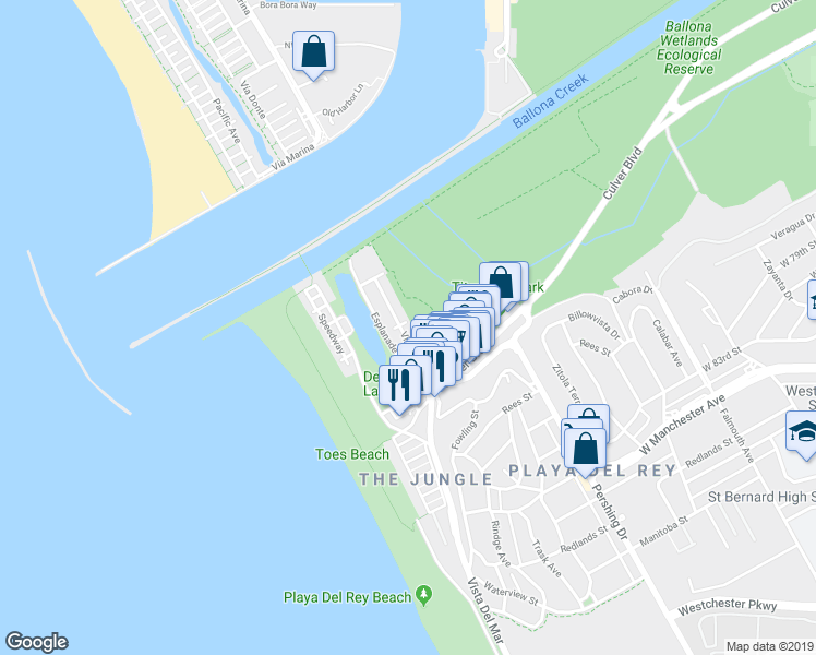 map of restaurants, bars, coffee shops, grocery stores, and more near 6603 Vista Del Mar in Los Angeles