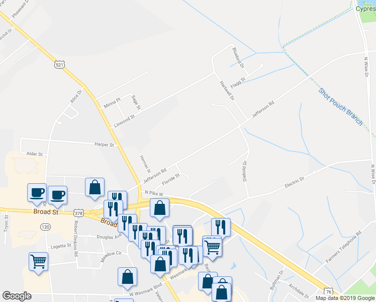 map of restaurants, bars, coffee shops, grocery stores, and more near 1565 Jefferson Road in Sumter