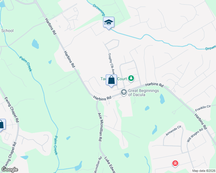 map of restaurants, bars, coffee shops, grocery stores, and more near 2525 Alexa Chase Cove in Dacula