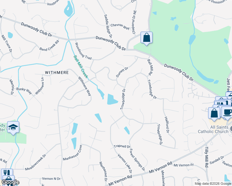 map of restaurants, bars, coffee shops, grocery stores, and more near 5692 Durrett Court in Dunwoody