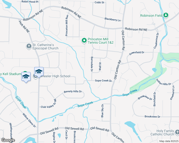 map of restaurants, bars, coffee shops, grocery stores, and more near 461 Barnsdale Drive in Marietta