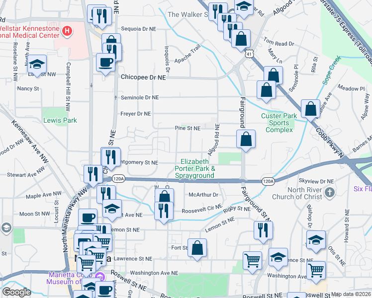 map of restaurants, bars, coffee shops, grocery stores, and more near 414 Edwards Drive Northeast in Marietta