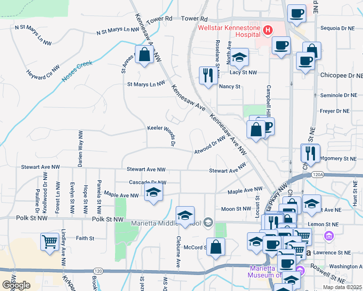 map of restaurants, bars, coffee shops, grocery stores, and more near 262 Atwood Drive Northwest in Marietta