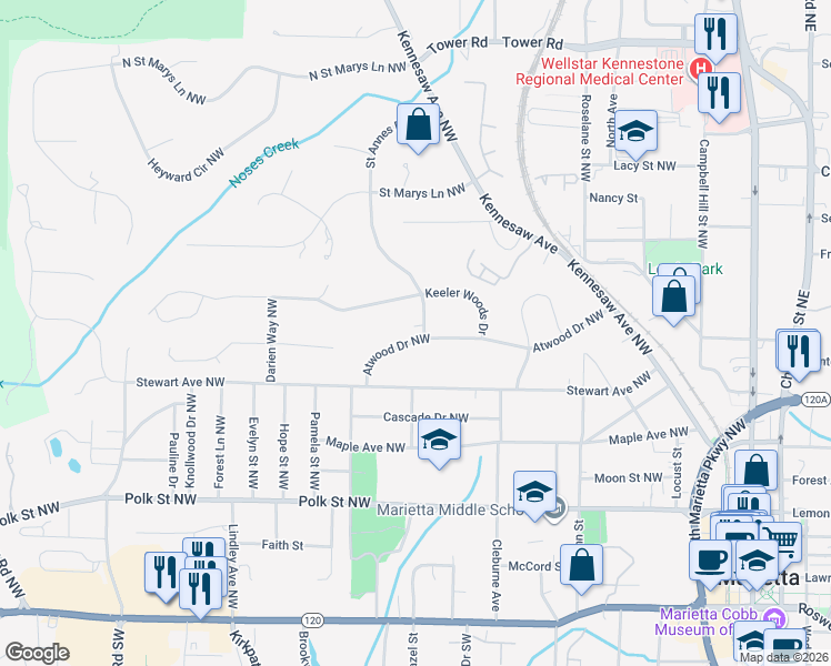 map of restaurants, bars, coffee shops, grocery stores, and more near 390 Saint Annes Road Northwest in Marietta