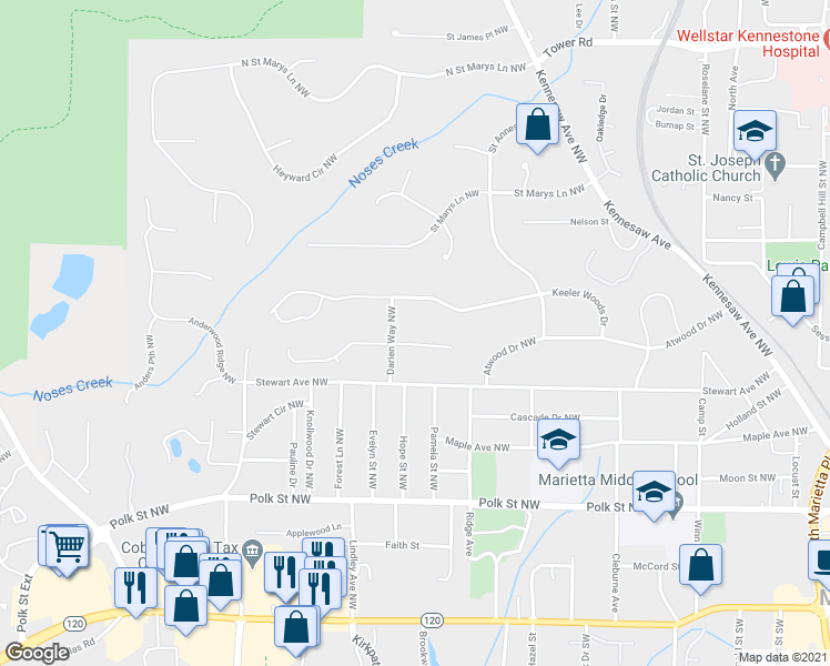 map of restaurants, bars, coffee shops, grocery stores, and more near 547 Keeler Woods Drive Northwest in Marietta